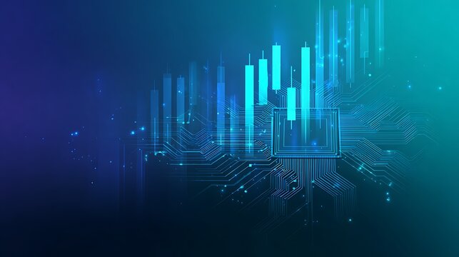 Artificial Intelligence (AI) Finance Analysis. Microchip on Circuit Board with Digital Candlestick Chart.