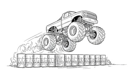 Handdrawn monster truck with massive tires and exposed suspension in a midair jump.