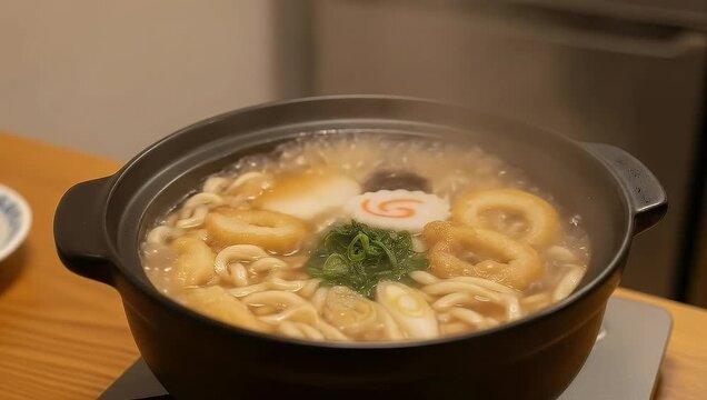 Steaming Nabeyaki Udon Noodle Soup with Fish Cake and Tofu in a Black Pot