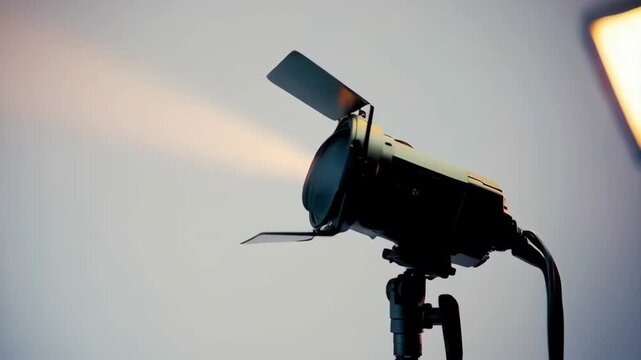 Professional Lighting Equipment With Warm Orange Glow Illuminating a Studio Set With Soft Diffused Light in Background