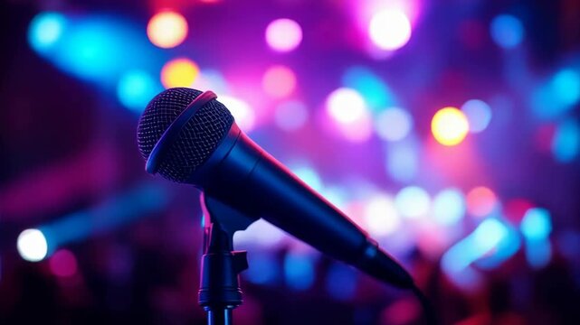 Close-up Of A Professional Microphone On Stand With Blurred Colorful Stage Lights In The Background Creating A Festive Atmosphere For A