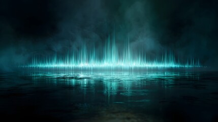 Brilliant cyan light projection displays fluctuating sound wave patterns over a dark, wet surface