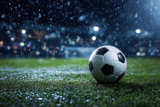 Wet soccer ball resting on neon lit grass field during night rain showcasing vibrant colors and dynamic atmosphere