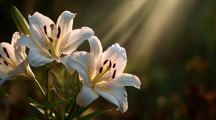 Fototapeta premium Brilliant white lilies illuminated by dramatic golden sunbeams in a verdant setting