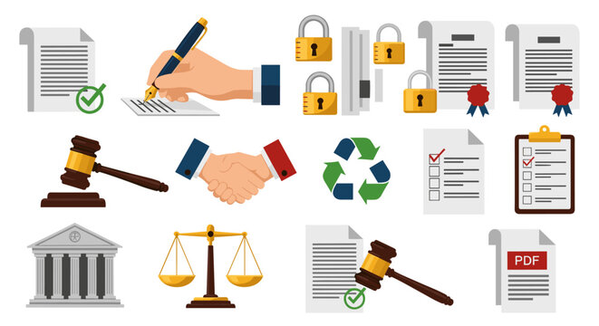 Law and Legal Services Illustration: Depicting Justice, Contracts, and Agreements in a Professional Setting for Business, Corporate, and Governmental Use &ndash; Featuring Gavel, Scales, Handshake, and Docu