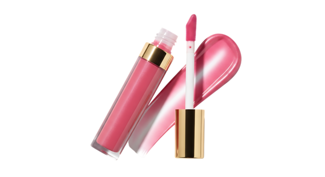 Pink liquid lipstick with gold cap and applicator swatch, isolated on a white or transparent background, cutout, PNG