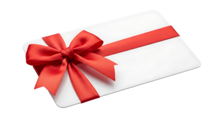 White gift card with red satin ribbon and bow, isolated on a white or transparent background, cutout, PNG