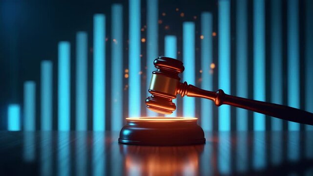 A judge's gavel in mid-air, striking a floating, glowing digital copyright seal surrounded by futuristic light trails. digital law enforcement and copyright protection. 