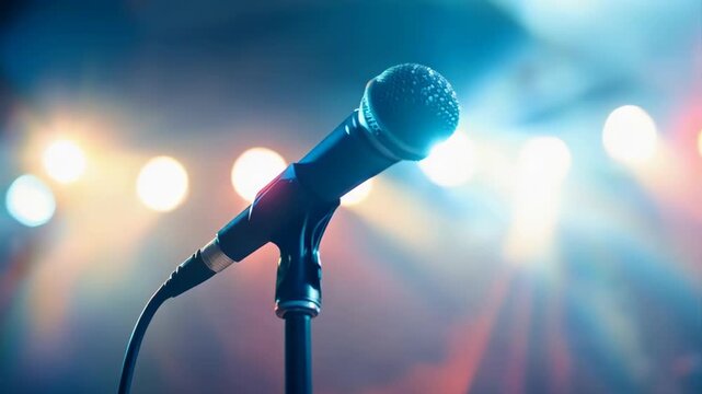 Stage Microphone Ready for Performance with Colorful Concert Lights and Bokeh Effect Stage Lighting - Powered by Adobe