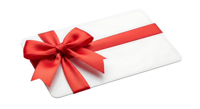 White gift card with red satin ribbon and bow, isolated on a white or transparent background, cutout, PNG - Powered by Adobe