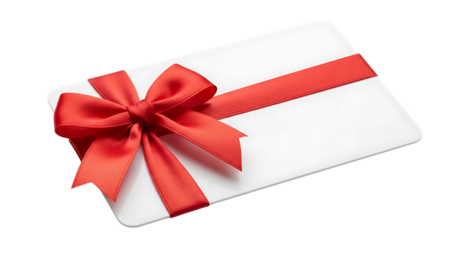 White gift card with red satin ribbon and bow, isolated on a white or transparent background, cutout, PNG - Powered by Adobe