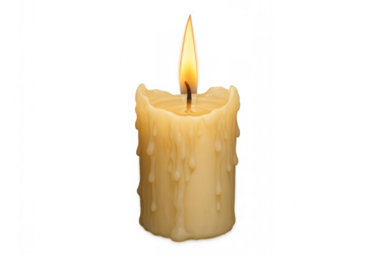 Wax candle burning with a consistent flame, melted wax dripping along sides, symbolizing illumination, comfort, and celebration