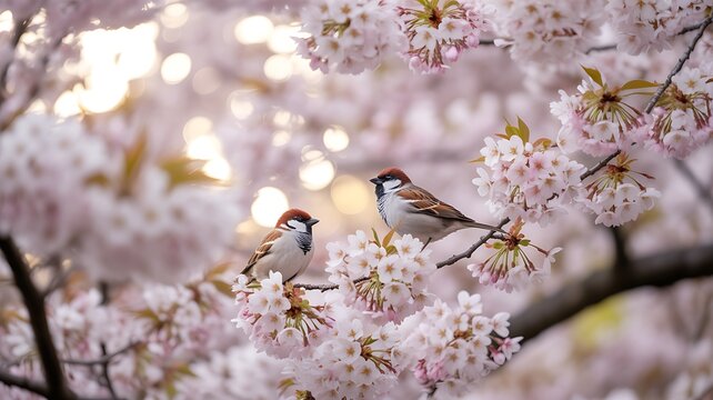Two sparrows perched among delicate pink cherry blossoms