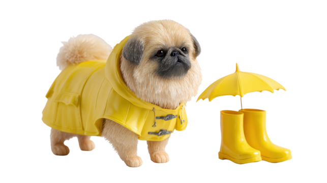 Cute dog wearing a yellow raincoat with matching umbrella and boots. white background or transparent