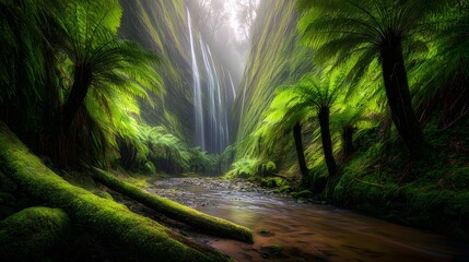 waterfall cascading into pool surrounded by lush ferns and mossy rocks