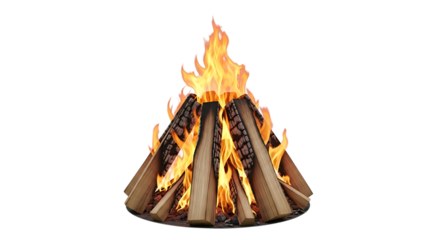 Campfire with burning logs and bright orange flames, isolated on a white or transparent background, cutout, PNG
