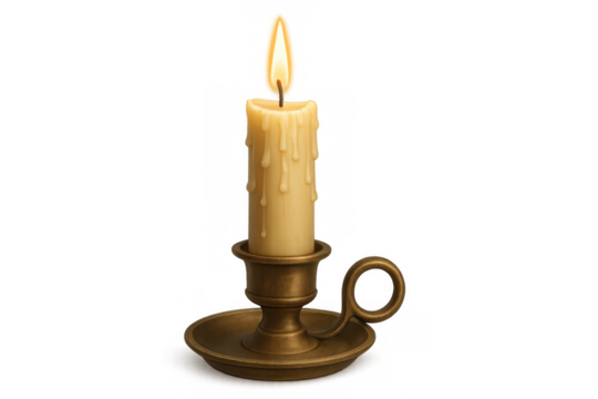 Burning candle in vintage candlestick, creating warm light, wax dripping, transparent background