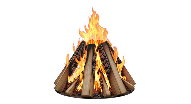 Campfire with burning logs and bright orange flames, isolated on a white or transparent background, cutout, PNG