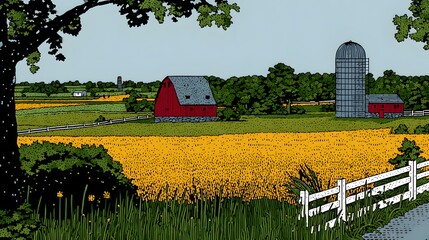 with red barn blue steel silo and white fencing surrounded by golden fields