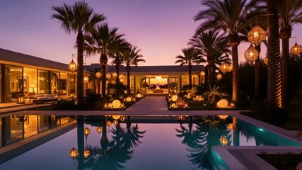 Luxurious Evening Villa: Palm Trees, Pool, Lanterns, Sunset, Tranquility.