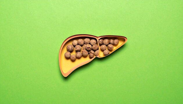 Gallstones visualized: a stylized gallbladder with painful stones on a vibrant green background