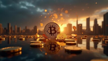 Golden Bitcoin coins falling from a futuristic sky, reflecting on a sleek black surface. A blurred city skyline in the background, cryptocurrency investments and blockchain financial technology. - Powered by Adobe