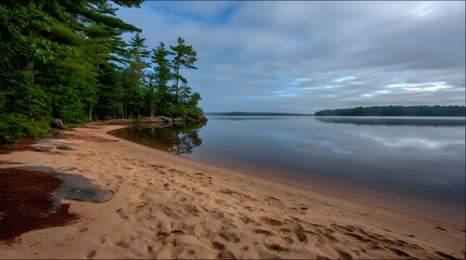 lake reflecting muted sky colors surrounded by faded green and brown shoreline
