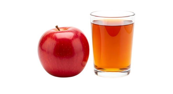Ripe red apple and a glass of amber apple juice, isolated on a white or transparent background, cutout, PNG - Powered by Adobe