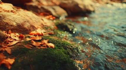 Obraz premium moss covering rocks beside trickling stream with scattered fallen leaves in warm tones