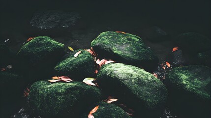 moss covering rocks beside trickling stream with scattered fallen leaves in warm tones