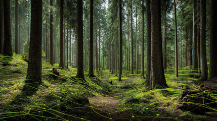 Obraz premium Mossy conifer forest with green digital network lines weaving through trees creating surreal atmosphere