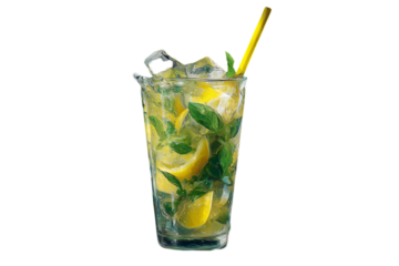 Refreshing lemon and mint mojito with ice cubes, perfect for summer refreshment, add a touch of elegance to your menu and quench your thirst isolated on white background