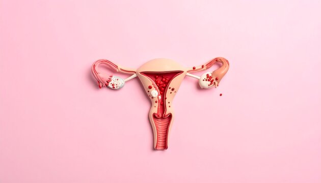 Stylized uterus illustration with red dots symbolizing endometriosis growth on pink