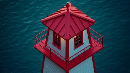painted white with bright red roof contrasting against deep blue ocean backdrop