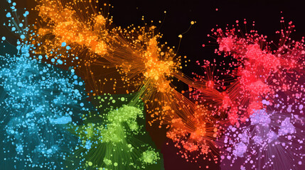 Colorful network visualization with clustered nodes connected by flowing lines conveying data relationships and motion