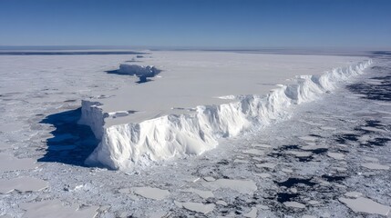 surface with deep blue crevices and sparkling snow under bright sunlight