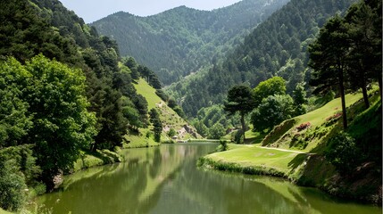 surrounded by pine trees reflecting clear sky creating mirror like natural palette