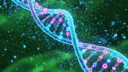 A vibrant, detailed 3D rendering of DNA, with a neon gradient, set against a green backdrop - Powered by Adobe
