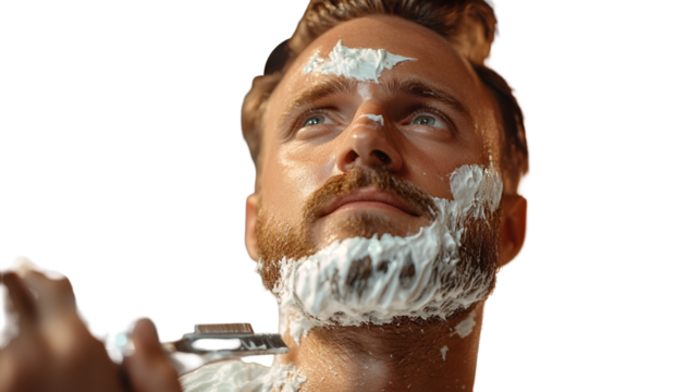 Handsome man shaving his beard with lather and a straight razor for a smooth look, demonstrating grooming and self-care, a modern lifestyle routine isolated on white background