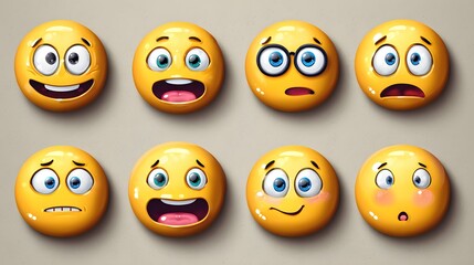 Obraz premium Eight three dimensional expressive yellow circular faces arranged in two rows against a neutral background