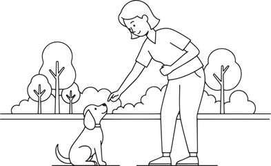 Woman Training Dog in Park Outline Illustration