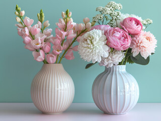 Obraz premium Ceramic vases with flowers on table. Delightful still life in pastel colors. Aesthetics of interior design. Close-up. Copy space.