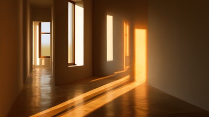 Fototapeta premium Sunlight streams through multiple vertical openings illuminating the interior of an empty hallway