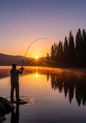 A fisherman casting a line into a lake at sunset, realistic water reflections.