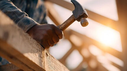 Tradesperson grips heavy metal tool while assembling wooden structure under bright sunlight