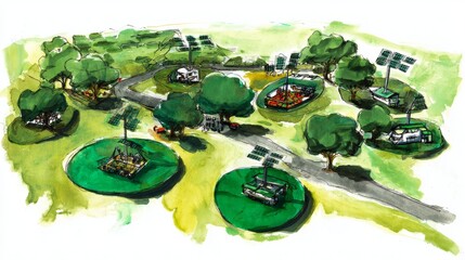 Hand-painted watercolor of eco festival with solar-powered lights and sustainable food stands, celebrating green living, renewable energy, and community sustainability lifestyle