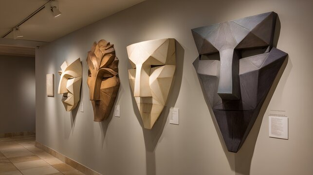 Multiple geometric sculptural faces hang in a row along a gallery wall