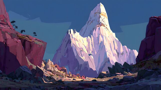 landscape with deep blue shadows red sunset glow and crisp white peaks towering overhead