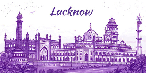 Fototapeta premium Lucknow Skyline Sketch with Cultural Heritage Touch for Tourism Promotion Featuring Rumi Darwaza, Bara Imambara, Chota Imambara, Ambedkar Park, and Clock Tower | Hand Drawn Cityscape Art Illustration