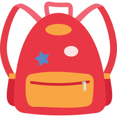 Vibrant Red Backpack With Blue Star and Orange Accents For School or Travel Featuring Zippered Pouch And Adjustable Straps On A Transparent Background Isolated Object